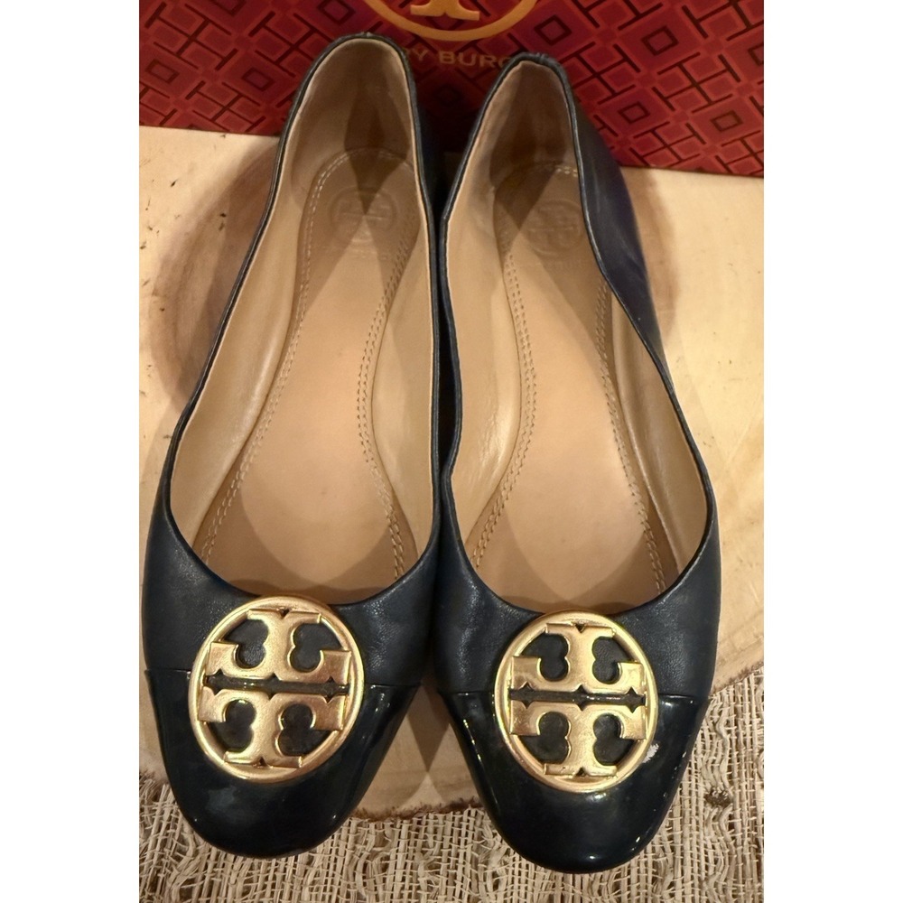 Tory Burch Chelsea Cap-Toe Leather Ballet Flat, Perfect Navy Size 5 $248